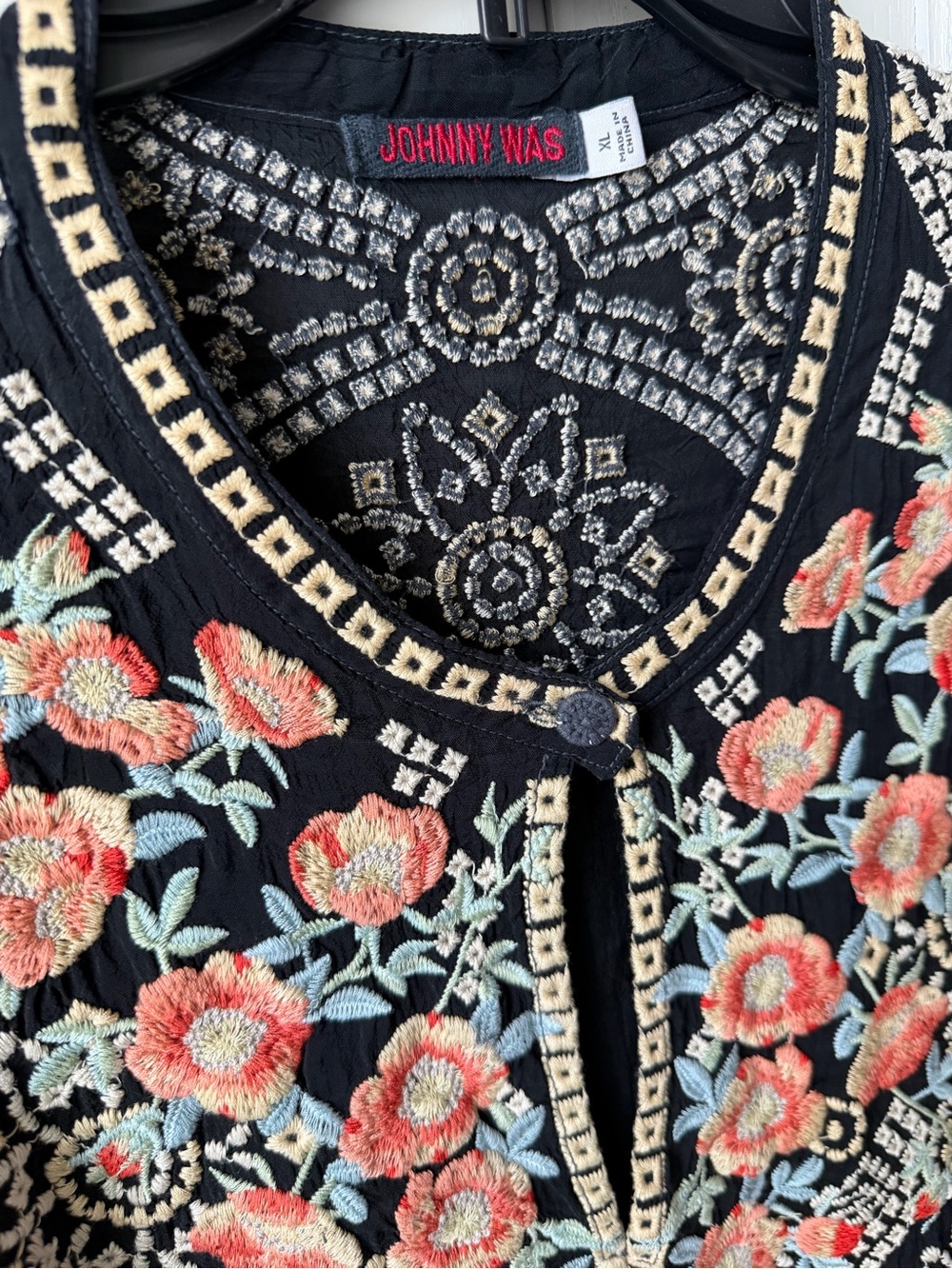 Johnny Was Black Blouse with Coral Floral Embroidery - Picture 3 of 8